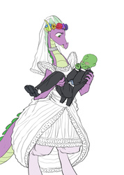 Size: 812x1140 | Tagged: safe, artist:carnifex, spike, oc, oc:anon, dragon, human, g4, barb, blushing, bride, carrying, clothes, dress, female, male, marriage, older, older spike, rule 63, shipping, straight, wedding dress