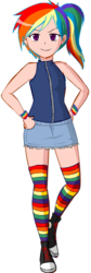 Size: 195x580 | Tagged: artist needed, safe, rainbow dash, human, g4, clothes, converse, denim skirt, female, humanized, magical friends, rainbow socks, skirt, socks, solo, striped socks