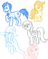 Size: 750x917 | Tagged: safe, artist:spacestrawberry, derpy hooves, doctor whooves, fluttershy, scootaloo, time turner, trixie, pony, g4, male, sketch, stallion