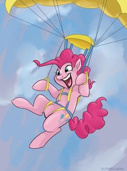 Size: 670x900 | Tagged: safe, artist:spainfischer, pinkie pie, pony, g4, female, flying, parachute, skydiving, smiling, solo