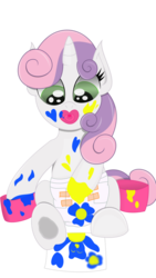 Size: 670x1191 | Tagged: safe, artist:the-crusader-network, sweetie belle, g4, baby belle, diaper, foal, hoof painting, pacifier, painting, painting her diaper, white diaper