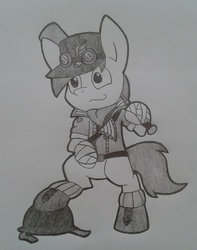 Size: 1024x1301 | Tagged: safe, artist:chromchill12, oc, oc only, semi-anthro, monochrome, solo, team fortress 2, traditional art