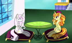 Size: 1280x768 | Tagged: safe, artist:novaspark, fleur-de-lis, tropical dream, pony, unicorn, g4, canterlot, duo, duo female, female, pillow, sitting, table