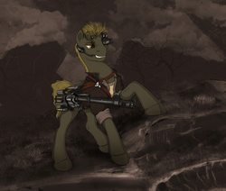 Size: 1280x1083 | Tagged: safe, artist:lucky dragoness, oc, oc only, fallout equestria, explicit source, headset, machine gun, wasteland