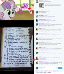 Size: 1500x1729 | Tagged: safe, screencap, cheerilee, sweetie belle, twist, earth pony, human, pony, unicorn, g4, caption, claire corlett, irl, irl human, m.a. larson, meme, meta, michael dangerfield, photo, tabitha st. germain, text, twitter, youtube caption