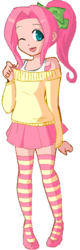 Size: 181x566 | Tagged: artist needed, safe, fluttershy, human, g4, clothes, female, humanized, skirt, socks, solo, striped socks, sweater, sweatershy, tank top