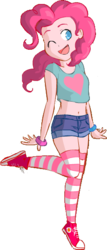 Size: 243x568 | Tagged: artist needed, safe, pinkie pie, human, g4, belly button, clothes, converse, female, heart, humanized, magical friends, midriff, shoes, short shirt, shorts, socks, solo, striped socks, wink