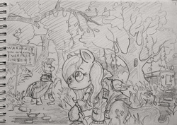 Size: 1024x723 | Tagged: safe, artist:agm, fluttershy, zecora, zebra, g4, clothes, everfree forest, monochrome, traditional art