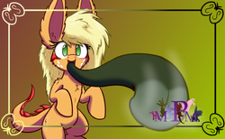 Size: 1280x788 | Tagged: safe, artist:heir-of-rick, applejack, monster pony, original species, tatzlpony, miss pie's monsters, g4, female, fourth wall, impossibly large ears, solo, tatzljack, tentacle tongue, tentacles, tongue out