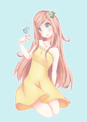 Size: 1095x1532 | Tagged: safe, artist:nezhiel, fluttershy, bird, human, g4, blue eyes, clothes, cute, female, flower in hair, grin, happy, heart, humanized, simple background, solo