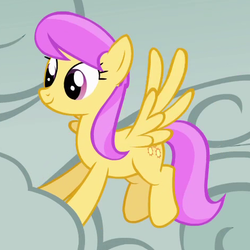 Size: 474x474 | Tagged: safe, screencap, sunny rays, pegasus, pony, g4, look before you sleep, background pony, cloud, cloudy, cropped, female, flying, mare, smiling, solo, spread wings, wings
