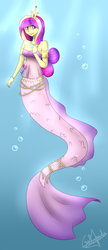 Size: 831x1915 | Tagged: safe, artist:galopade, princess cadance, mermaid, g4, belly button, breasts, bubble, cleavage, clothes, crepuscular rays, dorsal fin, female, fin, fins, fish tail, flowing mane, flowing tail, jewelry, mermaidized, midriff, necklace, ocean, pearl necklace, scales, see-through, smiling, solo, species swap, sunlight, swimming, tail, underwater, water