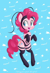 Size: 1046x1500 | Tagged: safe, artist:hidden-cat, pinkie pie, earth pony, pony, g4, bipedal, clothes, cosplay, costume, darkstalkers, fangs, felicia, female, pinkie cat, solo