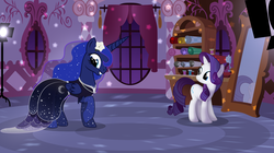 Size: 2500x1400 | Tagged: safe, artist:anarchemitis, princess luna, rarity, alicorn, pony, unicorn, g4, carousel boutique, clothes, dress, duo, duo female, female, flower, flower in hair, folded wings, horn, jewelry, mare, mirror, necklace, night, raised hoof, stockings, thigh highs, wings