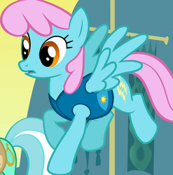Size: 712x720 | Tagged: safe, screencap, electric blue, lyra heartstrings, pegasus, pony, g4, winter wrap up, background pony, cropped, female, flying, mare, pink mane, recolor, solo focus, weather team, winter wrap up vest