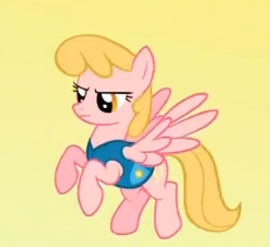 Size: 247x226 | Tagged: safe, screencap, honey rays, pegasus, pony, g4, winter wrap up, background pony, cropped, flying, simple background, solo, weather team, winter wrap up vest, yellow background, yellow sky