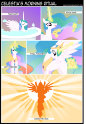 Size: 1080x1549 | Tagged: safe, artist:mandydax, edit, princess celestia, alicorn, pony, g4, bath, blank flank, comic, fake cutie mark, female, hair dryer, jewelry, mare, regalia, spread wings, wet mane, wings