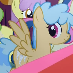 Size: 301x301 | Tagged: safe, screencap, bon bon, daisy, flower wishes, parasol, sugar twist, sweetie drops, earth pony, pegasus, pony, g4, suited for success, cropped, earth pony parasol, female, mare, offscreen character, smiling, solo focus