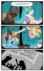 Size: 832x1341 | Tagged: dead source, safe, artist:jittery-the-dragon, fluttershy, princess celestia, rainbow dash, alicorn, pegasus, pony, yak, g4, 3:, behaving like a bird, chest fluff, comic, derp, fluffy, flying, food, frown, geese, glare, honk, newspaper, open mouth, pie, spread wings, throwing, tongue out, upside down, wavy mouth, wide eyes