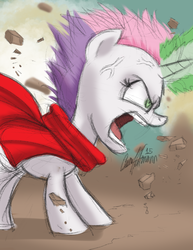 Size: 850x1100 | Tagged: safe, artist:ceehoff, sweetie belle, pony, unicorn, g4, akira, angry, corrupted, cross-popping veins, crossover, evil, female, filly, magic, red cape, solo, tetsuo shima, yelling