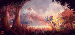 Size: 3200x1525 | Tagged: safe, artist:lukeine, applejack, rainbow dash, g4, canterlot, castle, forest, mountain, scenery, tree