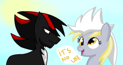 Size: 1648x874 | Tagged: safe, artist:soul-yagami64, derpy hooves, pegasus, pony, g4, crossover, female, funny, hat, it's no use, male, mare, ponified, shadow the hedgehog, silver the hedgehog, sonic the hedgehog (series), update