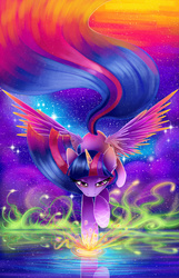 Size: 2709x4200 | Tagged: safe, artist:magnaluna, twilight sparkle, alicorn, pony, abstract background, color porn, ethereal mane, female, mare, raised hoof, solo, spread wings, starry mane, twilight sparkle (alicorn), water