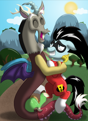 Size: 1024x1410 | Tagged: safe, artist:inkrose98, discord, g4, crossover, freakazoid, hug, ponified