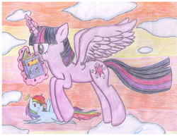 Size: 3300x2550 | Tagged: safe, artist:randomanimegamerarti, rainbow dash, twilight sparkle, alicorn, pegasus, pony, g4, book, flying, high res, magic, reading, traditional art, twilight sparkle (alicorn)