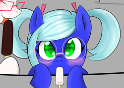 Size: 997x712 | Tagged: safe, artist:potzm, oc, oc only, oc:bluebook, oc:lawyresearch, blushing, licking, popsicle, tongue out