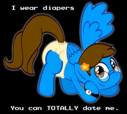 Size: 946x844 | Tagged: safe, artist:redfoxjake, oc, oc only, oc:blaine, pegasus, pony, black background, diaper, female, non-baby in diaper, pegasus oc, simple background, solo
