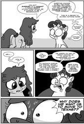 Size: 919x1353 | Tagged: safe, artist:catfood-mcfly, sweetie belle, oc, oc:brownie bun, oc:candy skies, oc:checked privilege, pony, unicorn, horse wife, g4, butt, comic, fury belle, monochrome, plot, social justice warrior, sweat