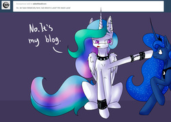 Size: 1280x913 | Tagged: safe, artist:vincher, princess celestia, princess luna, alicorn, pony, ask white alicorn, g4, boop, bracelet, choker, chokerlestia, duo, duo female, ear piercing, earring, female, frown, piercing, raised eyebrow, raised hoof, royal sisters, siblings, sisters, sitting, spiked choker, unamused, wide eyes