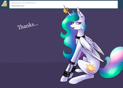 Size: 1280x913 | Tagged: safe, artist:vincher, princess celestia, alicorn, pony, ask white alicorn, g4, ask, chokerlestia, cuffs (clothes), ear piercing, earring, ethereal mane, ethereal tail, folded wings, horn, horn impalement, implied derpy, jewelry, looking at you, muffin, piercing, sitting, tail, tumblr, wings
