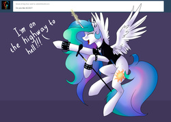 Size: 1280x913 | Tagged: safe, artist:vincher, princess celestia, alicorn, pony, ask white alicorn, g4, ac/dc, choker, chokerlestia, highway to hell, levitation, magic, magic aura, microphone, rock (music), singing, song reference, spiked choker, spread wings, telekinesis, wings