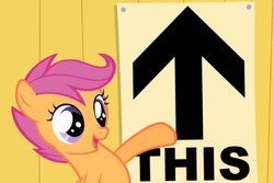 Size: 720x480 | Tagged: safe, edit, edited screencap, screencap, scootaloo, g4, the show stoppers, arrow, cute, cutealoo, female, image macro, meme, open mouth, pointing, raised hoof, reaction image, smiling, solo, this