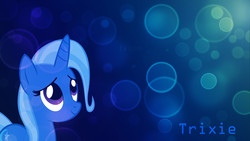 Size: 1920x1080 | Tagged: safe, artist:ponycommans, trixie, pony, unicorn, g4, bubble, female, mare, simple background, smiling, vector, wallpaper
