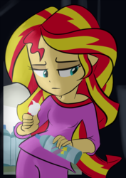 Size: 1413x2000 | Tagged: safe, artist:backgrounduser, sunset shimmer, equestria girls, g4, clothes, female, pajamas, solo