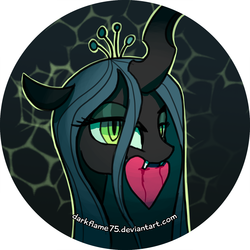 Size: 3308x3308 | Tagged: safe, artist:darkflame75, queen chrysalis, changeling, changeling queen, g4, bedroom eyes, biting, blood, crown, female, heart, high res, jewelry, mouth hold, nom, portrait, regalia, smiling, solo