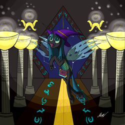 Size: 2000x2000 | Tagged: safe, artist:soveno, queen chrysalis, g4, female, glyph, hat, high res, magic, solo, young