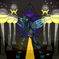 Size: 2000x2000 | Tagged: dead source, safe, artist:soveno, queen chrysalis, g4, female, glyph, hat, high res, magic, solo, young