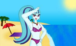 Size: 4242x2559 | Tagged: safe, artist:cyber-murph, sonata dusk, equestria girls, g4, armpits, bad anatomy, beach, bikini, clothes, female, looking at you, open mouth, small head, solo, swimsuit