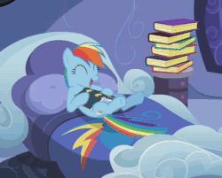 Size: 461x371 | Tagged: safe, screencap, rainbow dash, pegasus, pony, g4, read it and weep, season 2, ^^, animated, bed, book, cute, dashabetes, egghead, eyes closed, female, hnnng, hoofy-kicks, mare, pile of books, reading, solo, that pony sure does love books