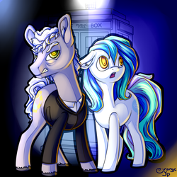 Size: 1600x1600 | Tagged: safe, artist:pellsya, doctor whooves, time turner, oc, oc:sibby, earth pony, pony, g4, doctor who, duo, male, novosibirsk, russia, sibbronycon, stallion, tardis, the doctor, twelfth doctor