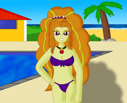Size: 2768x2236 | Tagged: safe, artist:cyber-murph, adagio dazzle, equestria girls, g4, belly button, bikini, clothes, female, high res, legs together, looking at you, palm tree, poolside, purple bikini, smiling, solo, swimsuit, tree