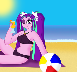Size: 4006x3716 | Tagged: safe, artist:cyber-murph, aria blaze, equestria girls, g4, beach, beach ball, belly button, bikini, clothes, drink, female, looking at you, smiling, solo, swimsuit, wink