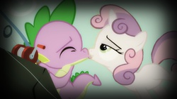 Size: 1024x576 | Tagged: safe, edit, edited screencap, screencap, spike, sweetie belle, dragon, pony, unicorn, g4, duo, female, filly, foal, kiss edit, kiss on the lips, kissing, male, ship:spikebelle, shipping, straight