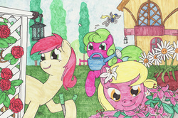 Size: 1188x791 | Tagged: safe, artist:enigmaticthief, daisy, derpy hooves, flower wishes, lily, lily valley, roseluck, pegasus, pony, g4, female, flower, flower trio, lily (flower), mare, ponyville, rose, traditional art