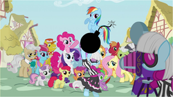 Size: 902x508 | Tagged: safe, edit, edited screencap, screencap, apple bloom, applejack, big macintosh, carrot cake, cup cake, fluttershy, granny smith, mayor mare, photo finish, pinkie pie, rainbow dash, rarity, scootaloo, spike, sweetie belle, twilight sparkle, zecora, alicorn, pony, zebra, g4, bomb, camera, cutie mark crusaders, duality, female, intro, mare, opening, photobomb, pun, self ponidox, this will end in tears and/or death, twilight sparkle (alicorn), visual pun