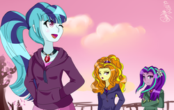 Size: 1900x1200 | Tagged: safe, artist:gomilovers, adagio dazzle, aria blaze, sonata dusk, equestria girls, g4, blushing, clothes, cute, hoodie, open mouth, smiling, the dazzlings